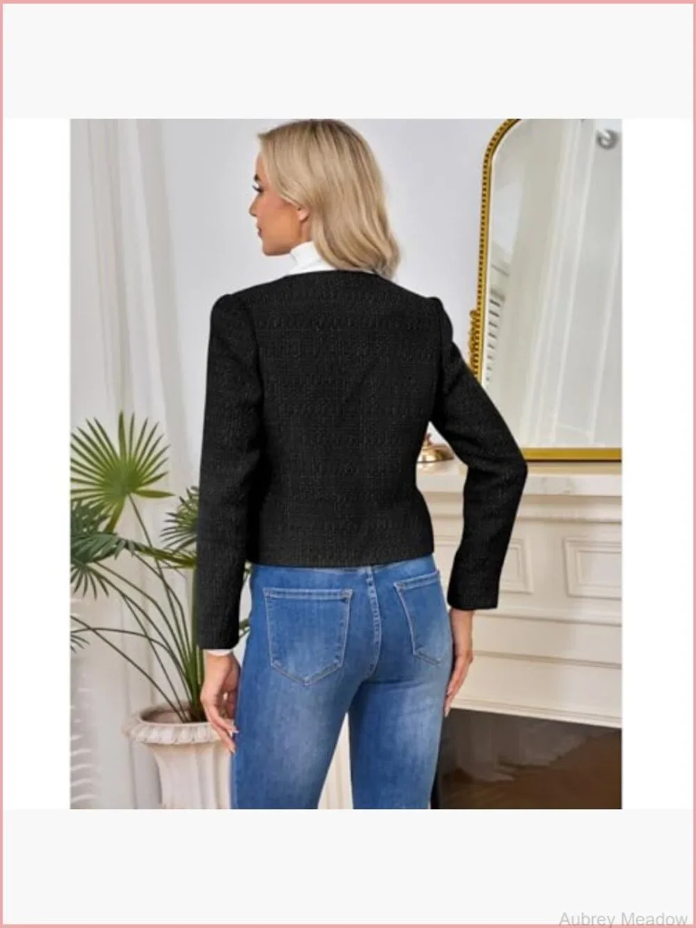 Women's Tweed Blazer Jacket Casual Long Sleeve Button Down Cropped Coat